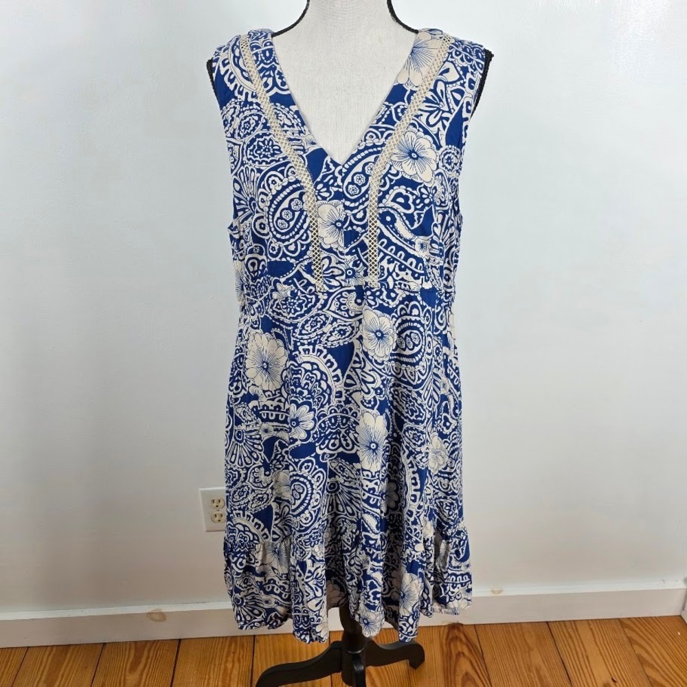 Tribal Femme‎ Dress Women Large Blue Paisley Floral Boho Crochet Ruffle Pocket